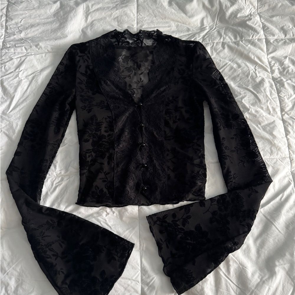 Black Sheer Lace Velvet Floral Bell Sleeve Top XS